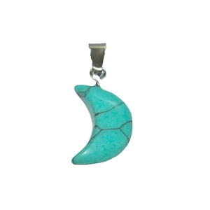 Natural turquoise crescent moon pendant necklace with metal loop on white background