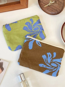 Floral canvas coin purse and lipstick storage bag with zipper for small accessories