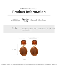 Macro detail of amber resin teardrop earrings with dimensions and 15.1g weight info