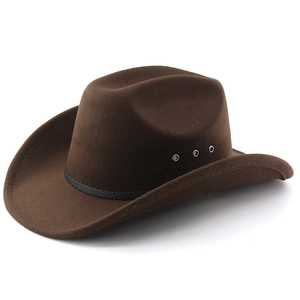 Detail of dark brown cowboy hat with black leather band and metal air vent eyelets