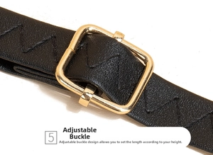 Detail of black pebbled leather strap with gold square buckle and wavy stitching