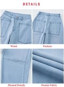 Detail view of high waist denim pants showing waistband stitching and cargo pockets