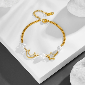 Golden double-layer stainless steel bracelet with irregular pearls, moon and star charms