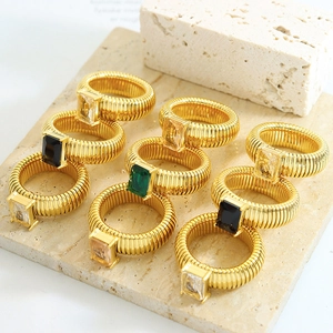 Retro titanium steel rings with ribbed bands and colorful rectangular glass stones