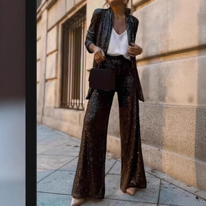 Deep blue sequin suit set with slim blazer and high-waist wide-leg pants