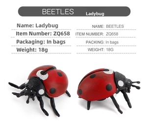 Détail de deux figurines de coccinelles rouges et noires pour décors de ferme miniatures