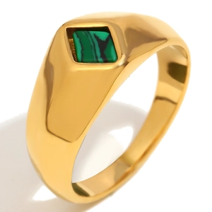 18K gold plated stainless steel geometric ring with green malachite stone inlay