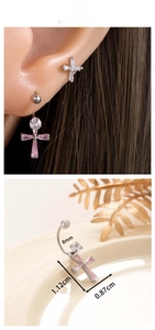 Detailed view of silver cross stud earring with pink zircon and 8mm bar length