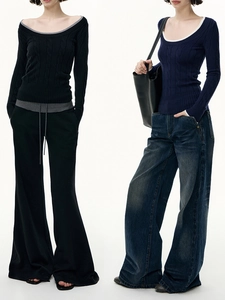 Women's slim fit cable knit sweater with contrast collar and wide leg trousers