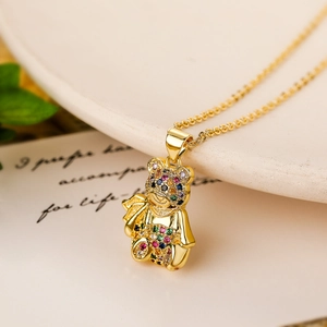 Gold-plated 18K necklace featuring a teddy bear pendant with colorful zircon crystals