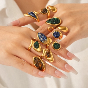 French vintage stainless steel rings set with natural malachite and lapis lazuli stones
