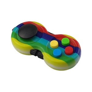 Rainbow striped fidget controller toy with joystick and colorful silicone buttons