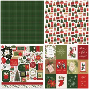 Christmas vintage scrapbook paper set with festive plaid, stamps and holiday motifs