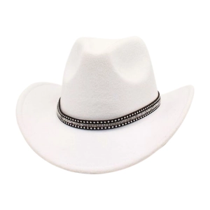 Detail of white felt cowboy hat featuring rhinestone and silver stud decorative band