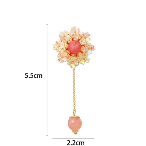 Pink floral drop brooch with iridescent petals and gold-tone chain, 5.5cm x 2.2cm size