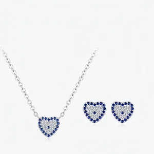 925 Sterling Silver Heart Evil Eye Jewelry Necklace And Earrings With Blue White Cubic Zirconia French Retro Style For Women