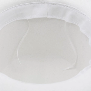 Detail view of the interior sweatband and adjustable clear strap of a white wool top hat