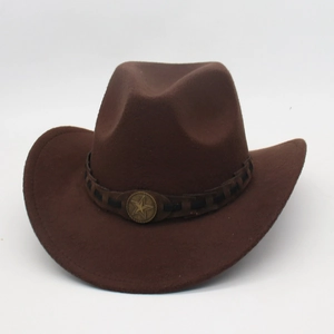 Detailed view of a brown felt cowboy hat with a metal star badge and braided band