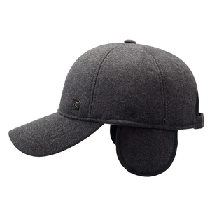 Men's winter baseball cap with ear flaps in dark grey warm fleece lined wool blend fabric