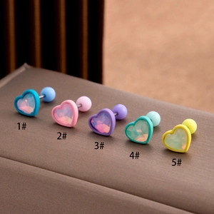 Stainless Steel Heart Stud Earrings Colorful Zirconia Inlaid Cartilage Piercing Jewelry For Women Ball Screw Back Style