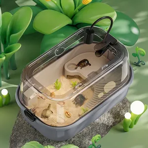 Modern 360-degree panoramic turtle habitat with heat lamp and integrated basking platform