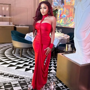 Ruched Halter Maxi Dress For Women Backless Slim Fit Satiny Elegant Evening Banquet Party Gown Solid Color Sleeveless