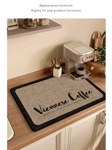 Detail of khaki absorbent coffee mat on wooden counter with non-slip rubber backing