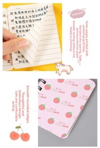 Detail of A7 spiral notebook featuring pink strawberry cover and lined eye-care paper