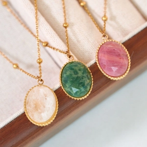 Luxurious faceted natural stone pendant necklace on beaded 14K gold plated chain
