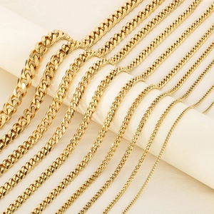 18K gold plated stainless steel Cuban link chains in various widths with lobster clasps