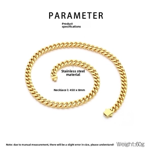 Detailed specifications of 8mm gold stainless steel curb chain necklace with dimensions