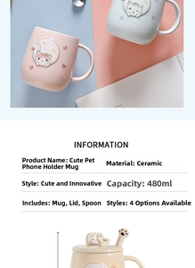 Detail of 480ml ceramic cat mug set with phone holder lid and cute paw spoon