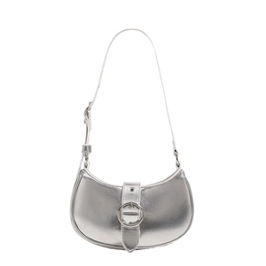 Silver crescent underarm bag with polished finish and adjustable buckle strap