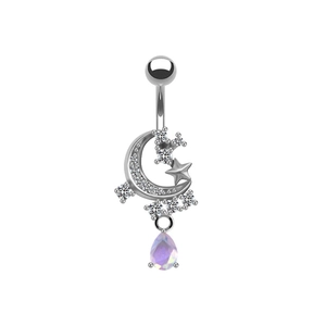 Silver crescent moon belly ring with stars and iridescent pear-shaped opal pendant