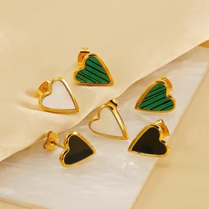 Three pairs of heart-shaped titanium steel earrings in gold finish with color stone inlays