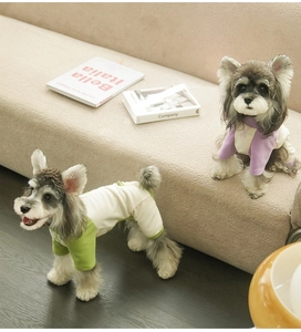 Detail of color-block thermal dog pajamas with raglan sleeves for small pets