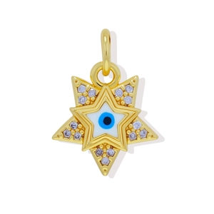 Detailed view of 18K gold plated star pendant with evil eye pattern and micro pavé zircon