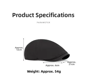 Detailed dimensions of the black quick-dry newsboy cap with 12cm height and 6cm brim