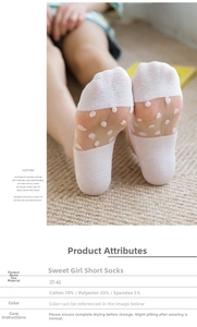 Detailed view of women's mesh ankle socks with polka dots and 70% cotton material specs