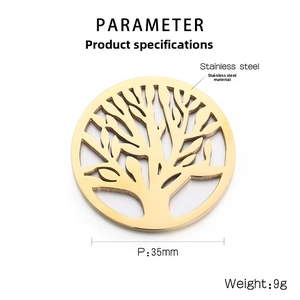 Detail showing 35mm golden stainless steel tree of life pendant with weight specifications