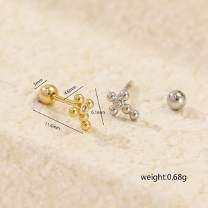 S925 sterling silver cross stud earring with zircon inlay and screw ball back detail