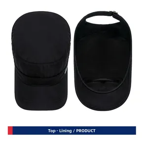 Detailed top and interior views of black cotton cadet cap with adjustable metal buckle