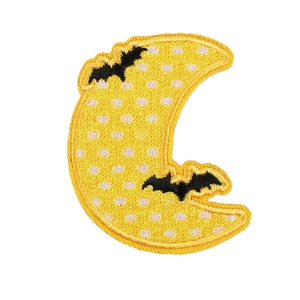 Halloween yellow moon embroidery patch with black bats and pink polka dots for DIY clothing