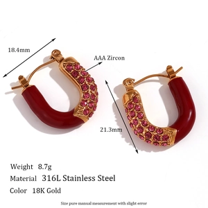 U-shaped stainless steel earrings in 18k gold plating with red enamel and pavé zircons