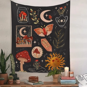 Detailed mystic tapestry with sun, moon, and floral patterns for bohemian room decoration