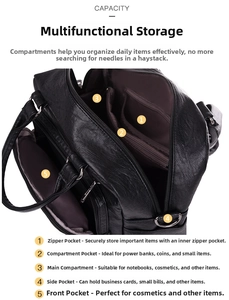 Detail of multi-functional black leather backpack showing interior pockets and brown lining