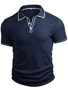 Detail of navy blue knitted ribbed texture and three-button placket on men's polo shirt