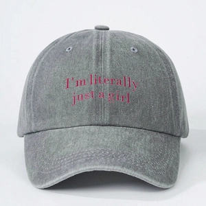 Dark grey washed denim baseball cap with pink I'm literally just a girl embroidery