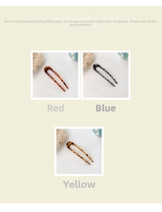 Detailed close-up of U-shaped acetate hairpins in red, blue, and amber leopard patterns