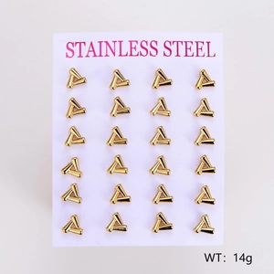 Set of 12 pairs of golden stainless steel triangle stud earrings on a display card